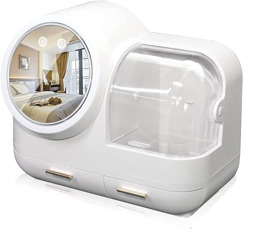 Generic Cosmetic Display Cases Makeup Storage Organizer Box with Mirror Cosmetic Display Case with Touch Screen LED Light Anti Dust and Waterproof Skin Care Organizer White