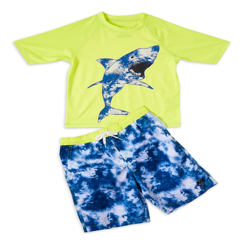 Big Chill Boys 2 Piece Tie Dye Shark Short Sleeve Rash Guard and Trunks, Sizes 4-14