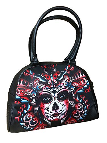Liquorbrand Butterfly Tattoo Day of the Dead Sugar Skull Rockabilly Bag Purse (Black)