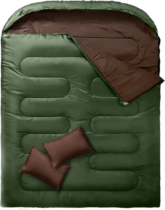 MEREZA Double Sleeping Bag, 2 Person Sleeping Bag for Adult Mens Camping, Two Person Sleeping Bag with Pillow Outdoor Indoor, XL Queen Size Sleeping Bag for Cold Warm Weather